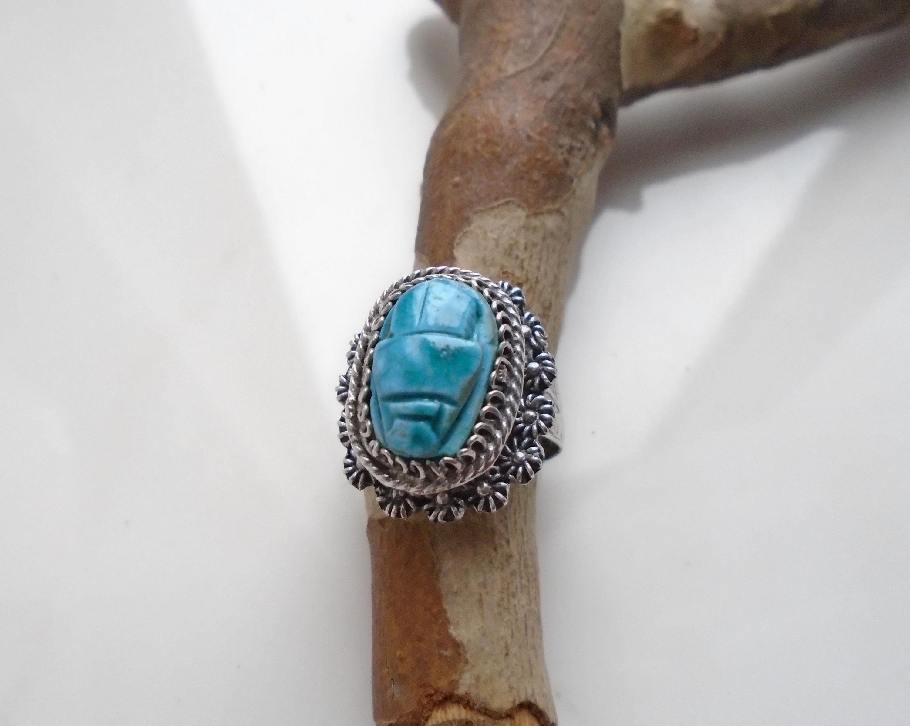 Authentic Signed Egyptian 1940's 900 Silver Faïence Scarab Poison