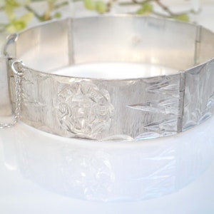 Vintage 1960’s Mayan Eagle 4 Taxco Mexico 15mm Wide 925 Sterling Silver Hinged Panel Bracelet 7”