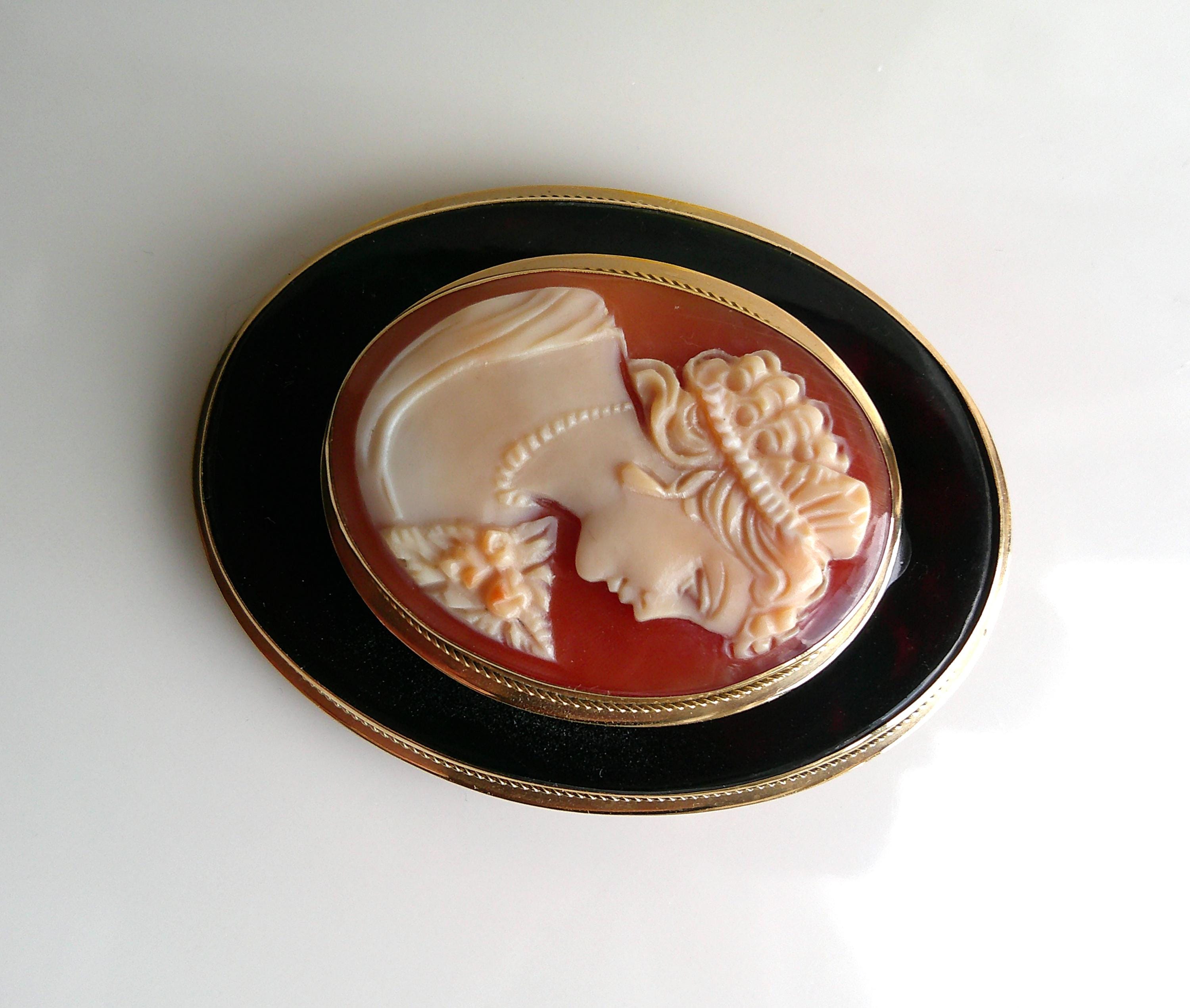 Authentic Italian 18K Shell Cameo Large Brooch Faux Tortoiseshell