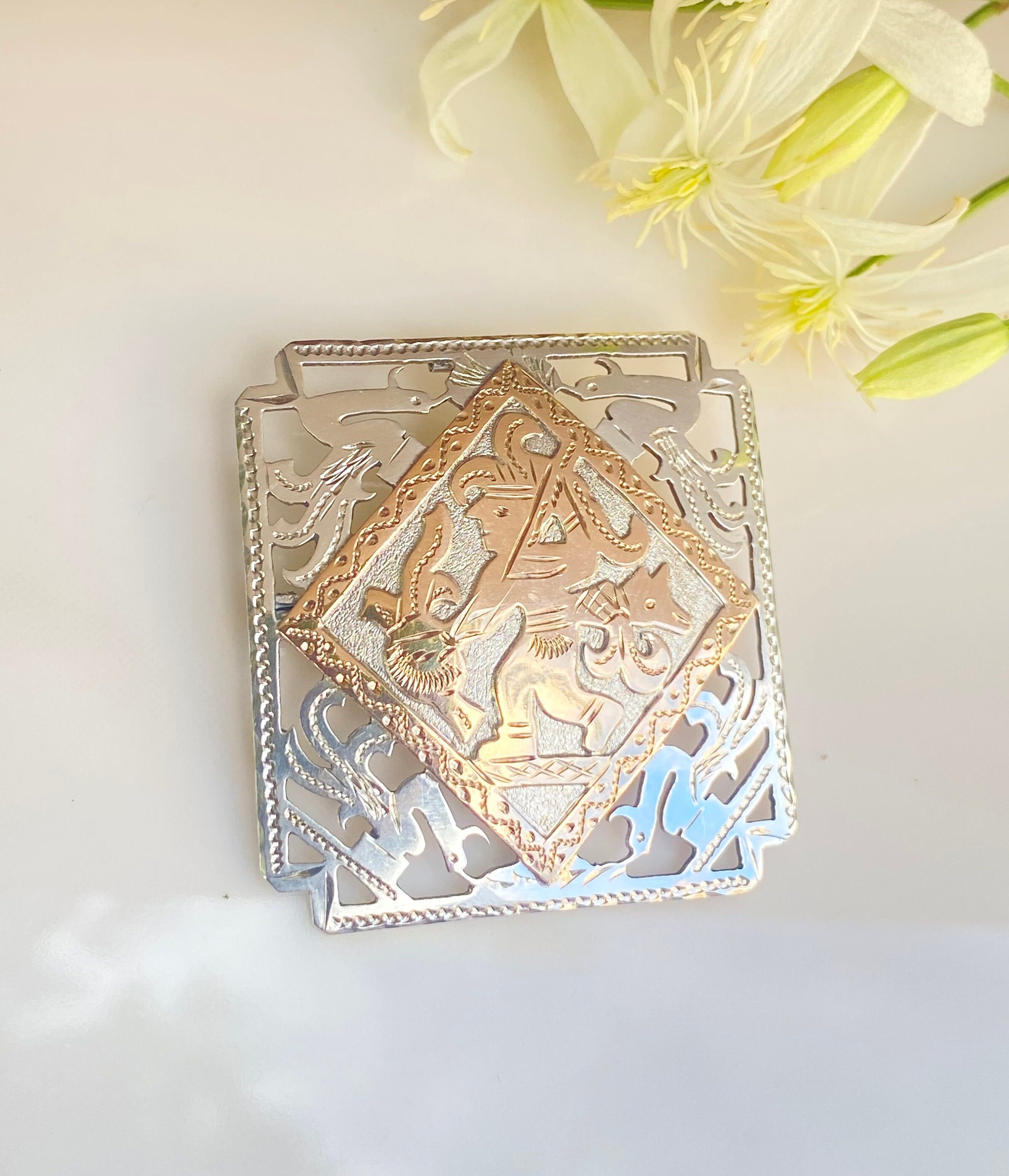Vintage Signed Sterling Silver & 9K Rose Gold Guatemala Mayan Brooch Pin Pendant