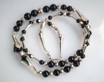 Southwestern 925 Sterling Silver & Genuine Onyx Gemstone Beaded Necklace 26”