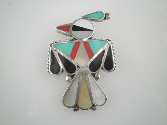 Zuni Multiple Gemstones Inlay Sterling Silver Thu… - image 2