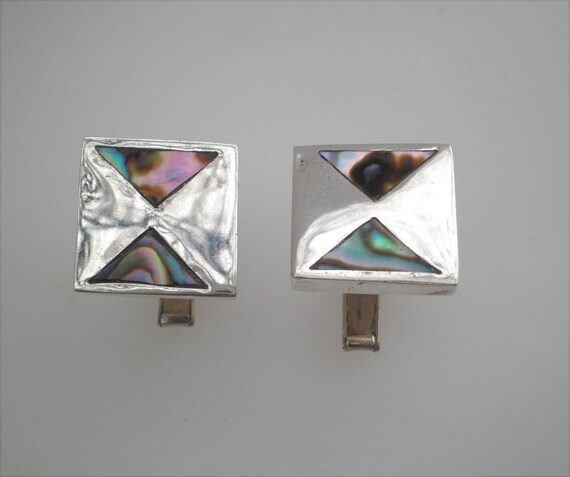 Vintage Mexico Signed 925 Silver Black Onyx Abalone Shell Large Mens Cufflinks