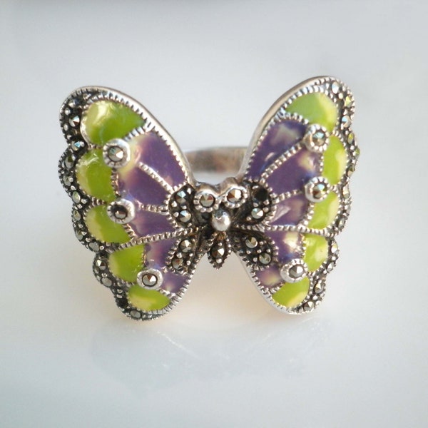 Vintage Beautiful Signed CFJ Rarities Marcasite Enamel 925 Sterling Silver Butterfly Ring