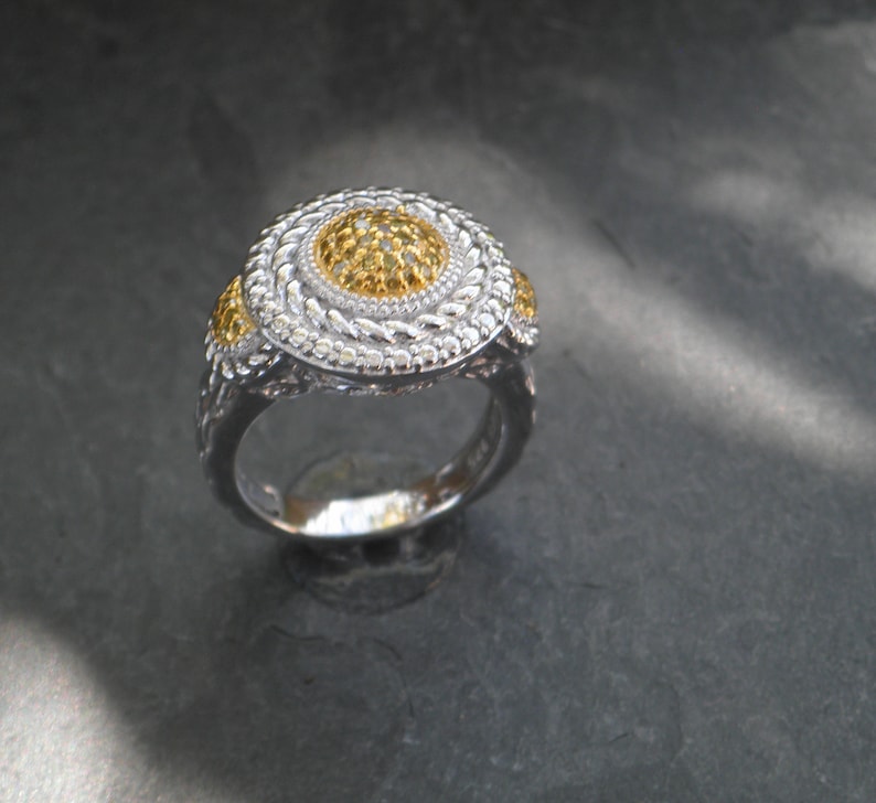 Fancy Yellow Diamonds Yellow Rhodium Platinum over 925 Sterling Silver Ring Signed JS Size 5
