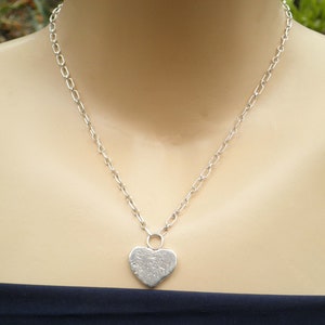 Vintage Signed 925 Sterling Silver Sand Blast Heart Pendant Link Chain Necklace Toggle