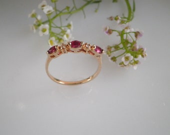 Anello vintage in oro giallo massiccio 14 carati con rubino e diamanti autentici e brillanti