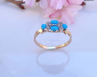 Antico anello vittoriano firmato dalla fine del 1800 all&#39;inizio del 1900 in oro rosa massiccio 10kt con autentico turchese e perle di semi