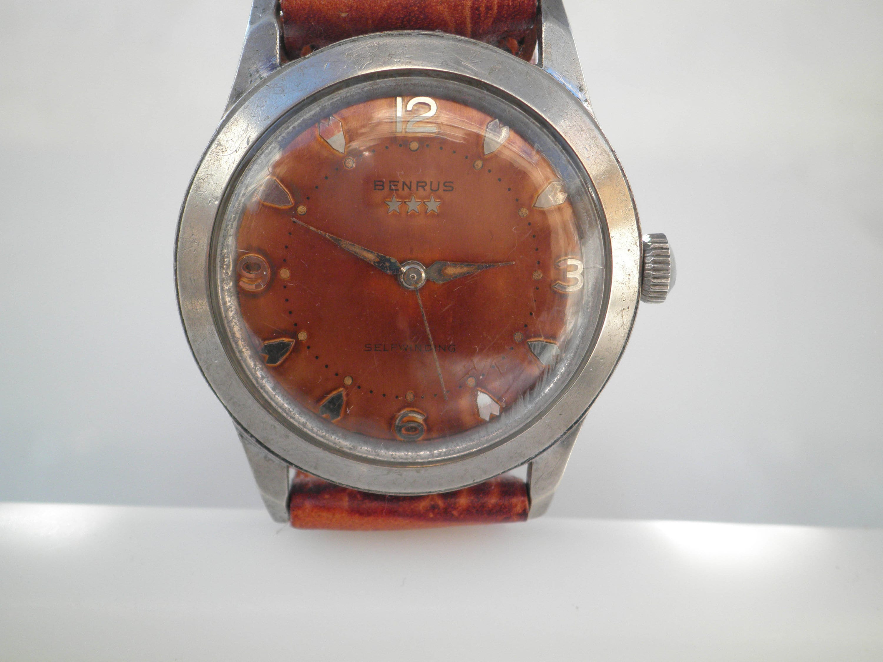 Vintage Benrus 3 Star Mens Watch 32mm Brown Dial Self Winding Leather Strap Vintage Benrus 3 Star Mens Watch 32mm Brown Dial Self  main image 3