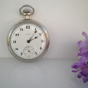 Antique C.1921   Elgin Open Face Pendant Setting 7J 16S Nickel Mechanical Pocket Watch