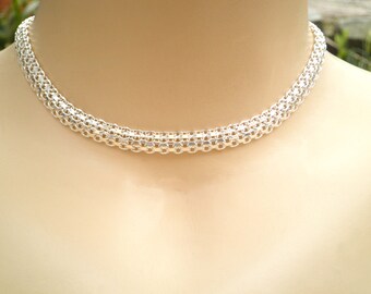 Vintage Signed Milor Italian 925 Sterling Silver 8mm Bismark & Rolo Links Adjustable Choker Necklace