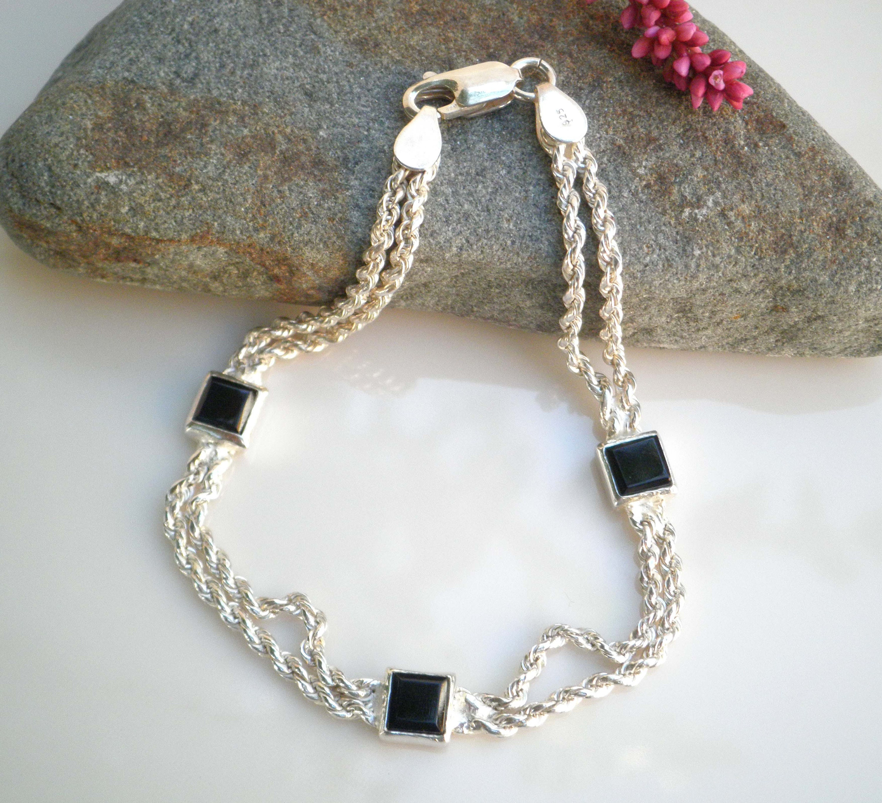 Vintage Sign Double Rope Link Chain Onyx 925 Sterling Silver