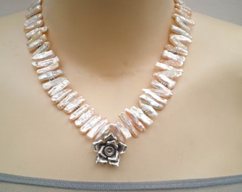 Vintage Sterling Silver Rose Pendant Biwa Pearls Necklace
