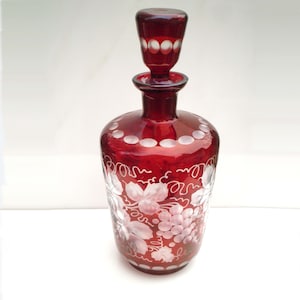 19th Century Bohemian Cut to Clear Grapes Vines Design Ruby Red Decanter with Stopper