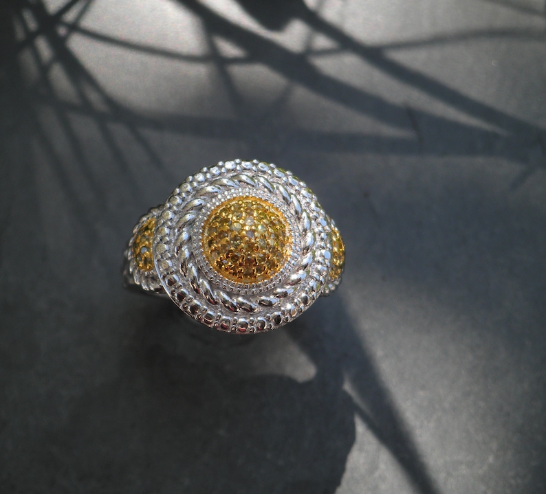 Fancy Yellow Diamonds Yellow Rhodium Platinum over 925 Sterling Silver Ring Signed JS Size 5
