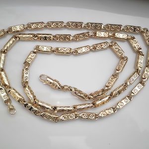 Vintage 10K Gold Over 925 Sterling Silver Rectangular Barrel Screw & Chiseled Design 30.5” Link Necklace