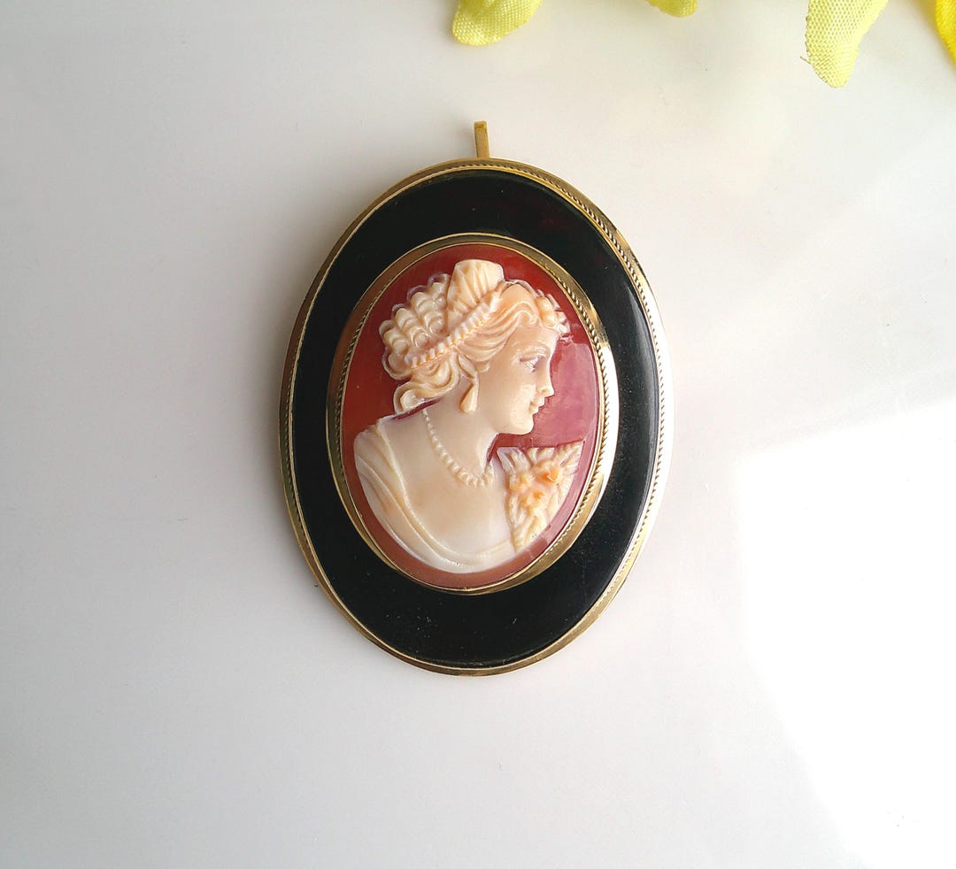 Authentic Italian 18K Shell Cameo Large Brooch Faux Tortoiseshell