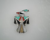 Zuni Multiple Gemstones Inlay Sterling Silver Thunderbird Pin Brooch Pendant
