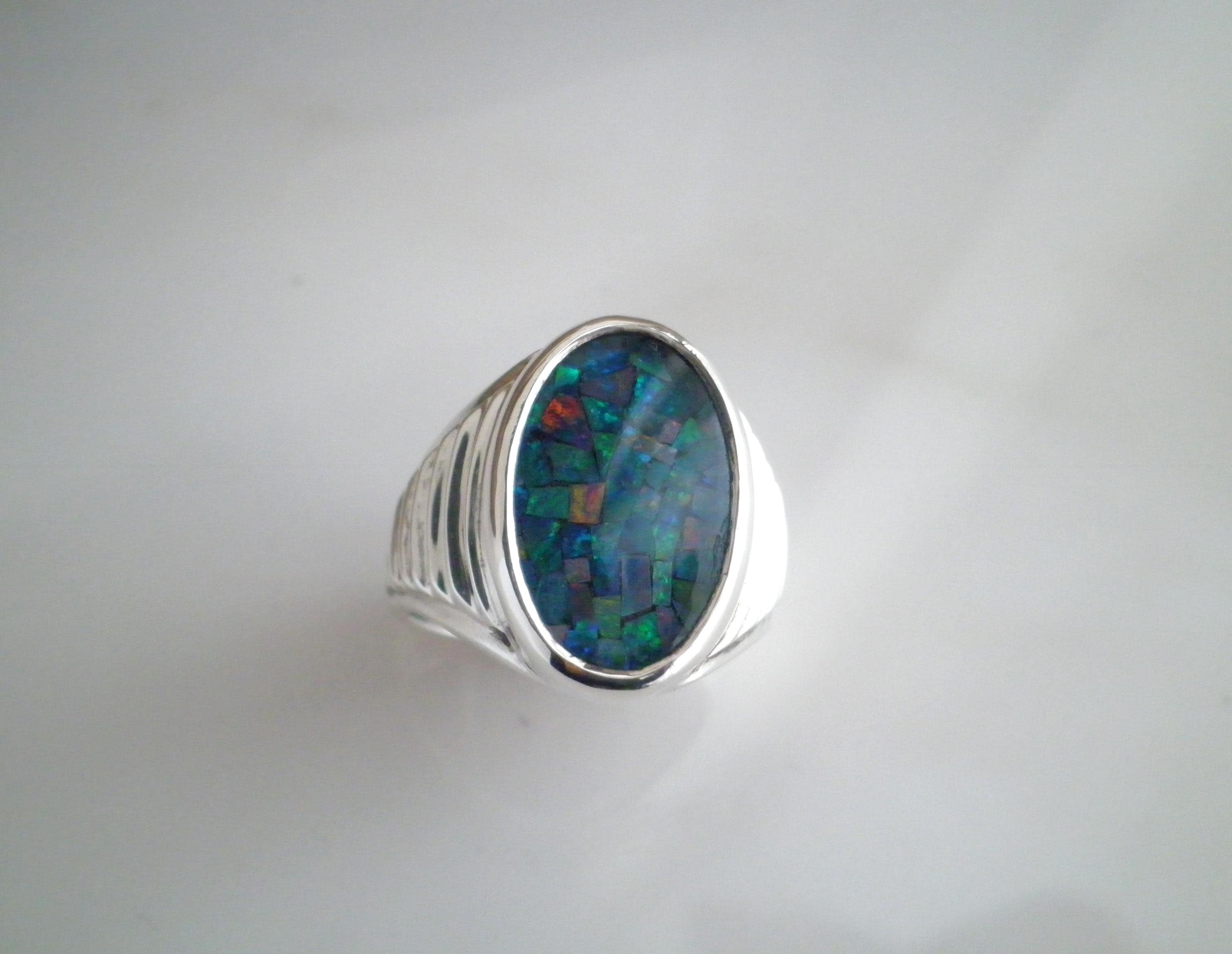 Genuine Opal Mosaic Stone 925 Sterling Silver Band Ring - Etsy
