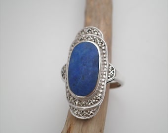 Vintage Signed DK Genuine Lapis Lazuli Marcasite 925 Sterling Silver Statement Ring.