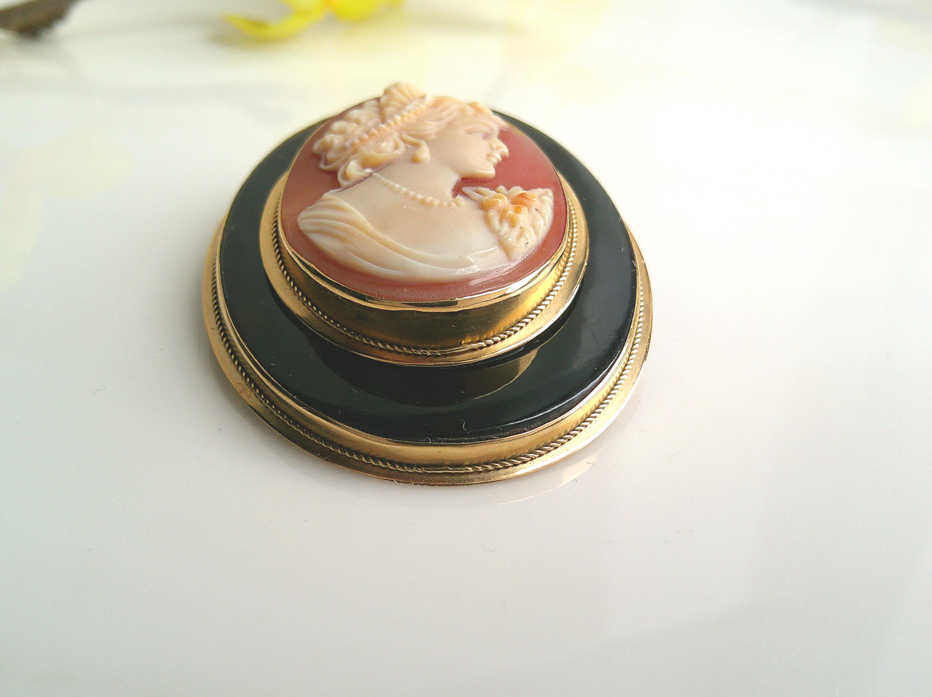 Authentic Italian 18K Shell Cameo Large Brooch Faux Tortoiseshell