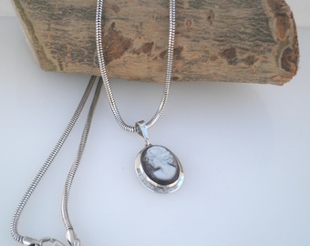 Vintage Signed 1968 Napoli Italy Mother of Pearl Cameo Pendant and Revital Snake Chain.