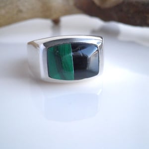 Vintage Taxco Mexico Black Onyx Malachite 925 Sterling Silver Men’s Ring