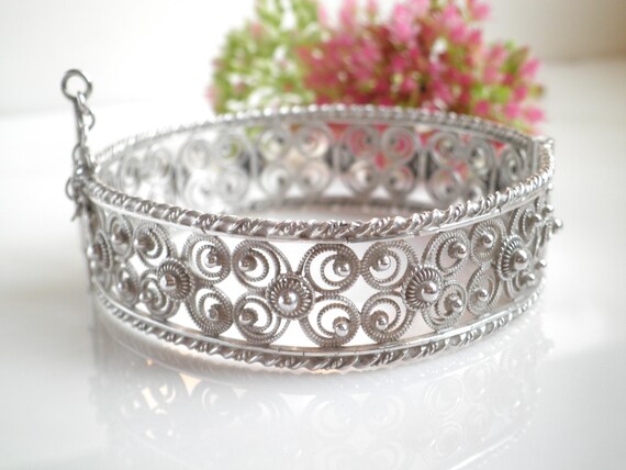 【silver 925】 18kコーティング ブレスレット vintage Vintage Filigree Flower Scrolls 925 Sterling Silver 17.5MM Wide