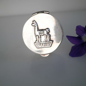 Vintage Peru Peruvian Llama Solid 925 Sterling Silver Round Hinged Pillbox