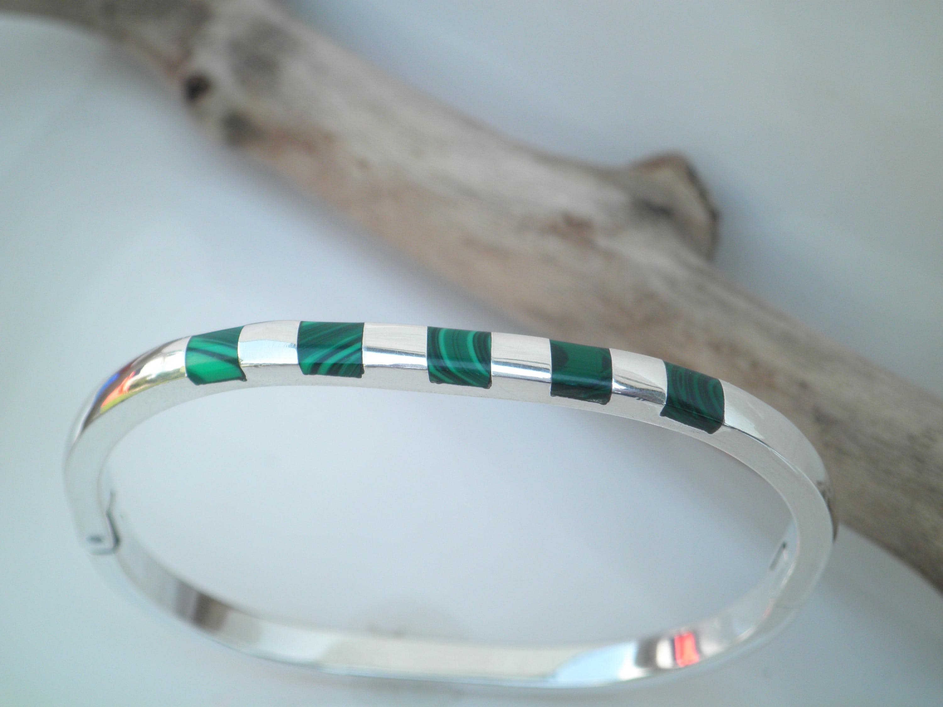 Mexico Signed ERR Malachite Stone 925 Sterling Silver Hinged