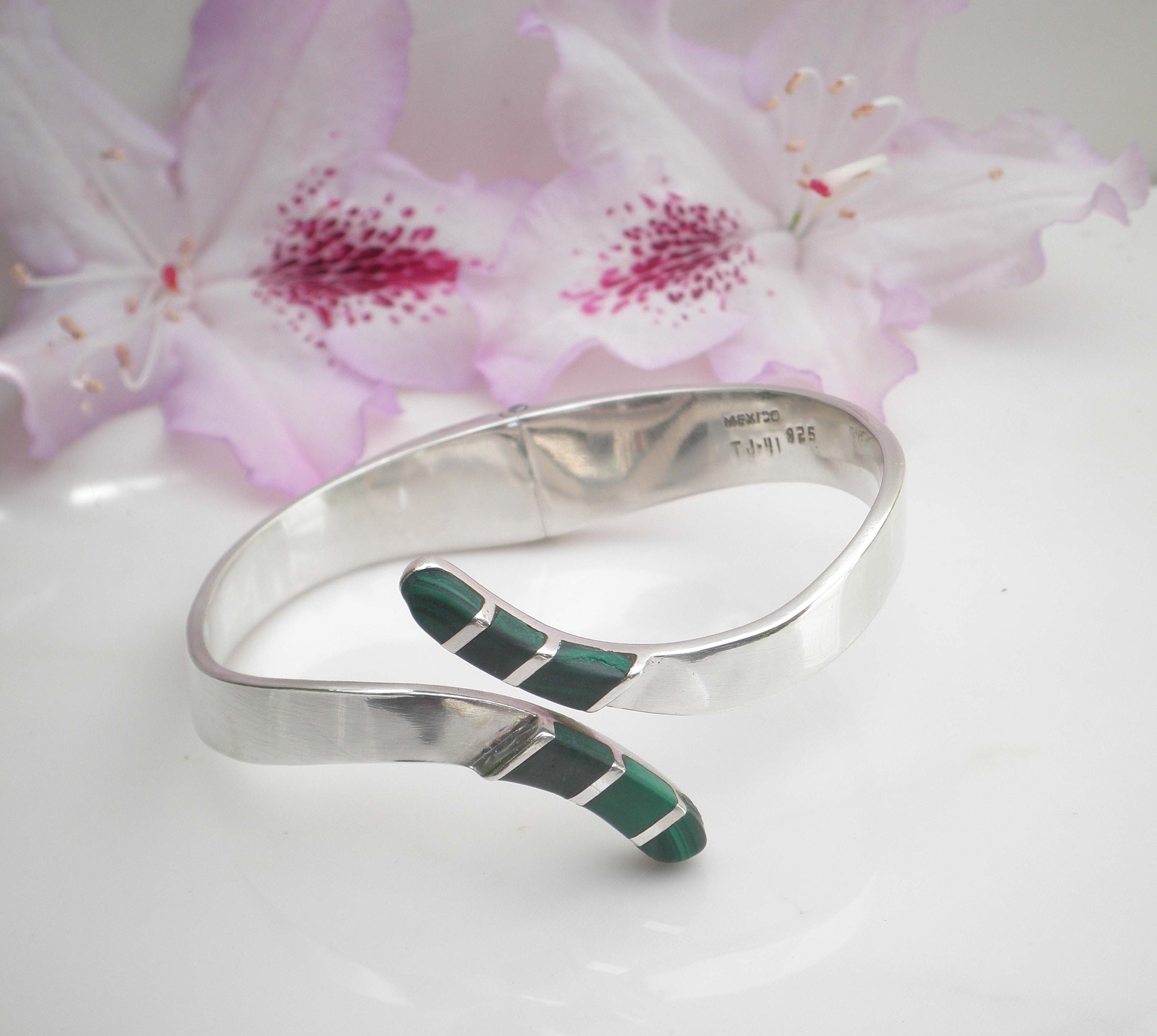 Vintage Taxco Mexico Malachite Gemstone Inlay 925 Sterling Silver