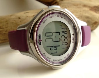 1990's Timex Ironman Triathlon Silver and Purple Quartz Digital