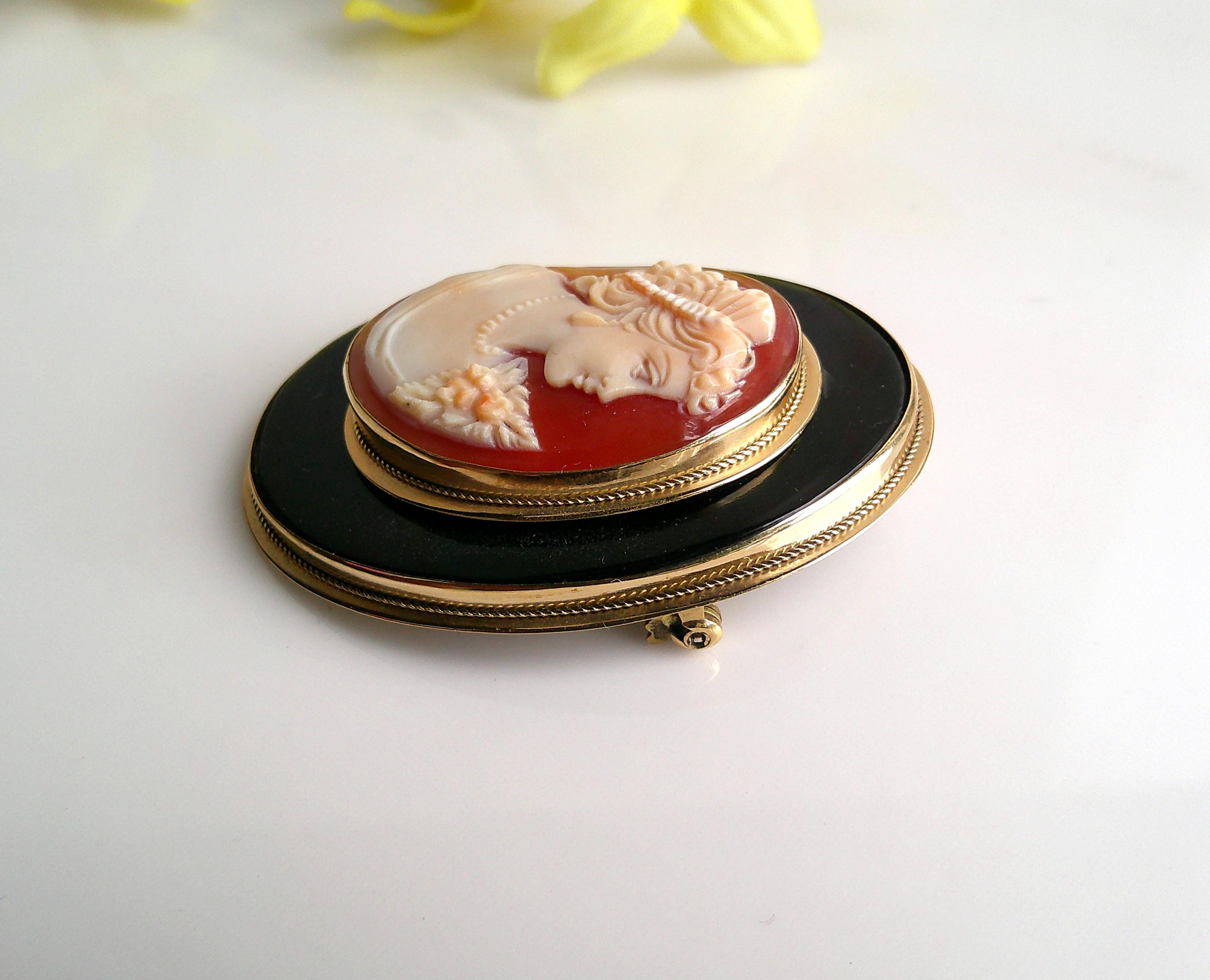 Authentic Italian 18K Shell Cameo Large Brooch Faux Tortoiseshell