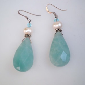Genuine Pearls & Aqua Chalcedony 925 Sterling Silver  Teardrop Pear Shape Dangling Earrings