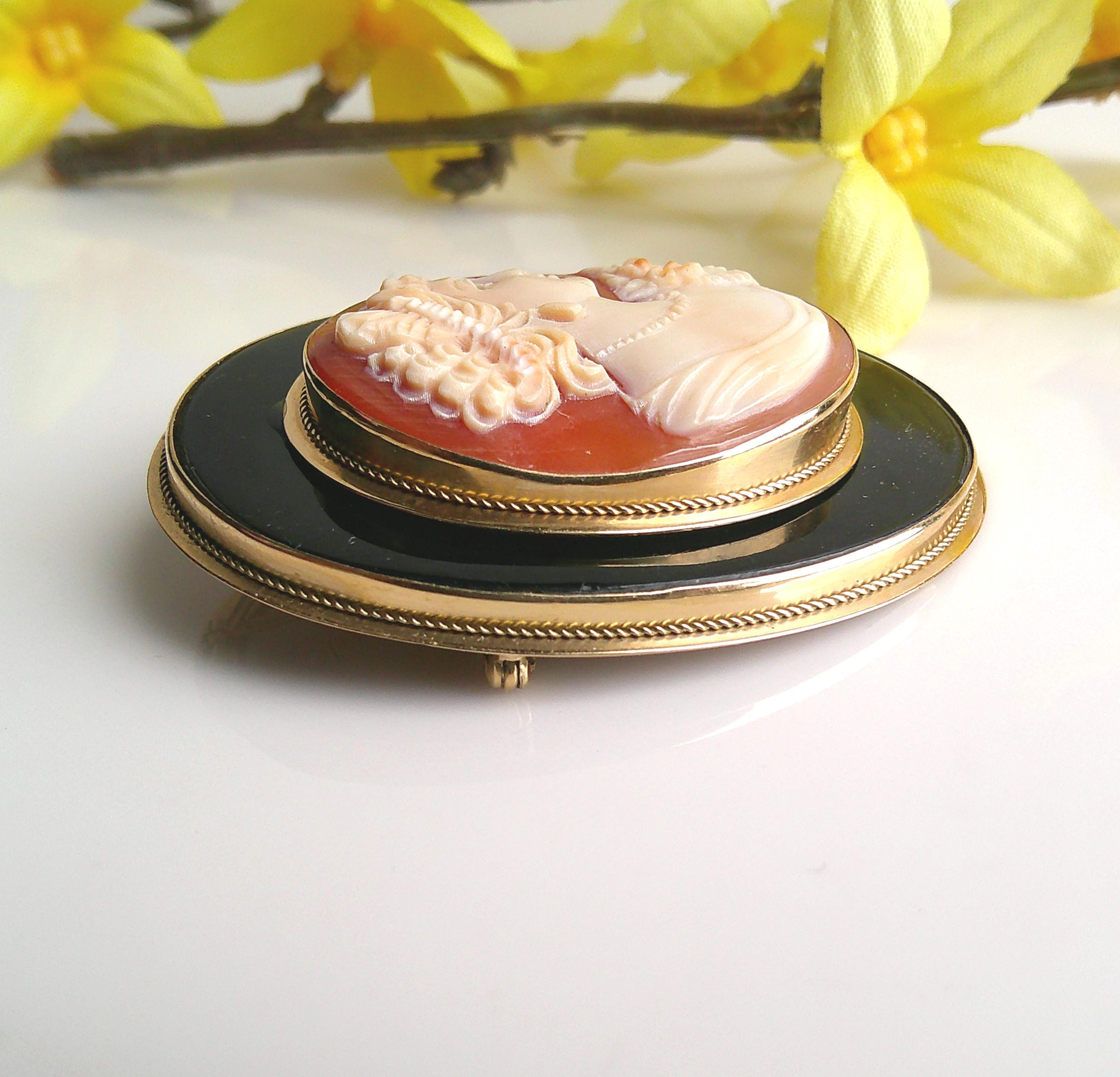 Authentic Italian 18K Shell Cameo Large Brooch Faux Tortoiseshell