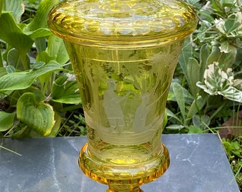 Antique 19th Century Bohemian Amber Stained Engraved Landscape Scene  Large Glass Goblet with Lid