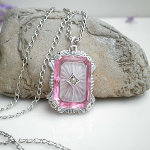 Antique Signed H Pink Camphor Glass Sterling Silver Pendant with Antique Tube Catch Clasp Link Chain Necklace