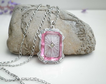Antique Signed H Pink Camphor Glass Sterling Silver Pendant with Antique Tube Catch Clasp Link Chain Necklace
