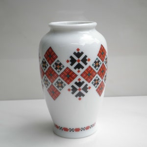 Vintage Marusia Signed Ukrainian Art Red White Black Cross Stitch Pattern Porcelain Bud Vase