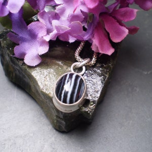 Peut inclure: Un collier en argent avec un pendentif ovale à rayures noires et blanches.