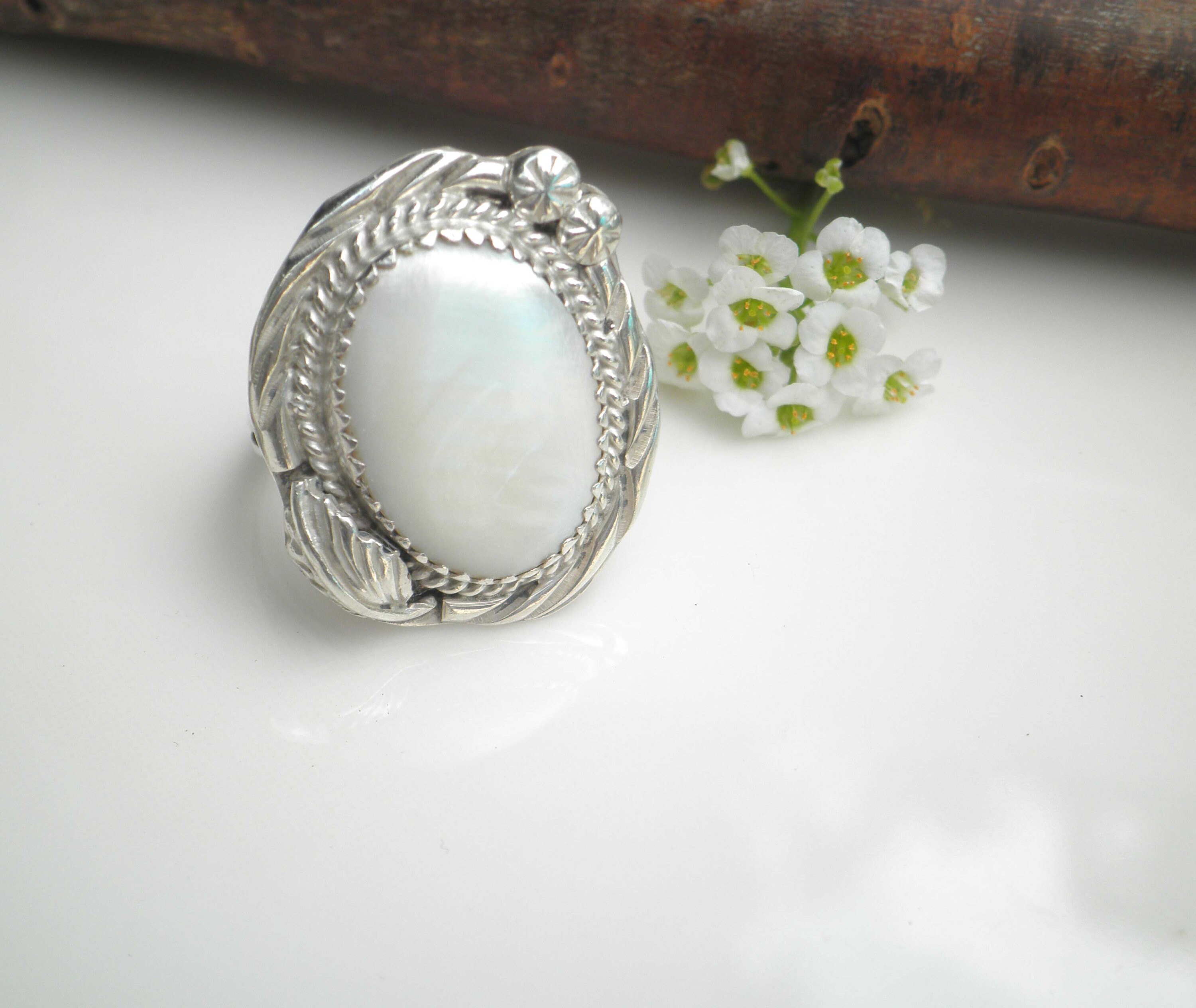 Vintage Navajo Native American Signed J Mother of Pearl Sterling
