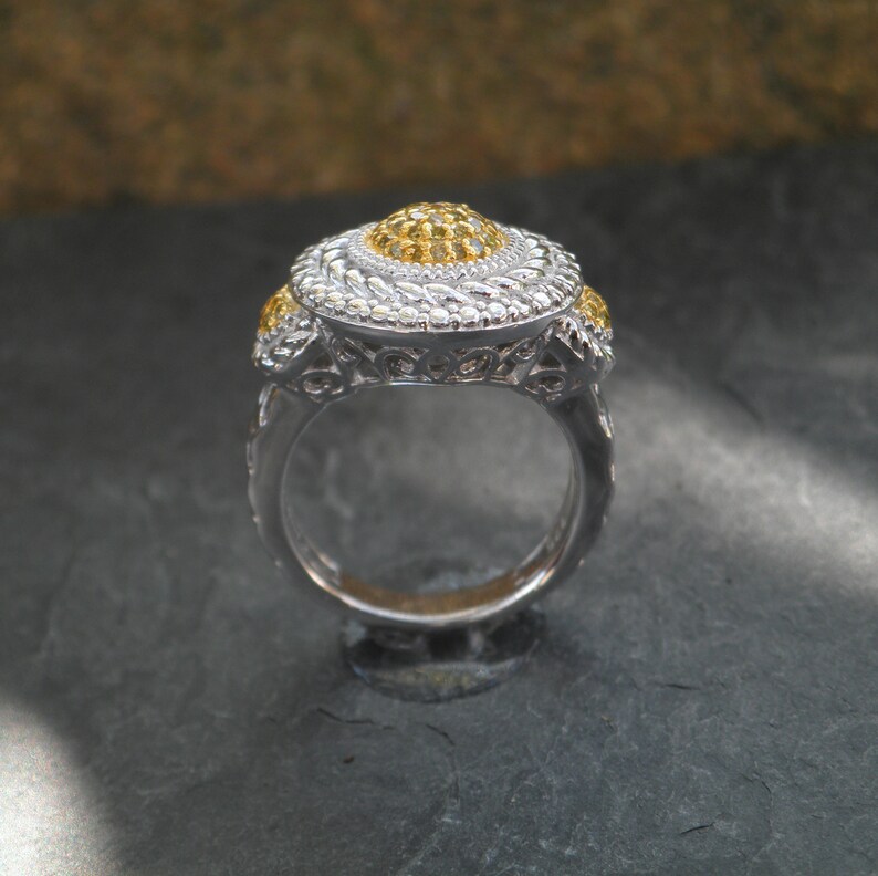 Fancy Yellow Diamonds Yellow Rhodium Platinum over 925 Sterling Silver Ring Signed JS Size 5