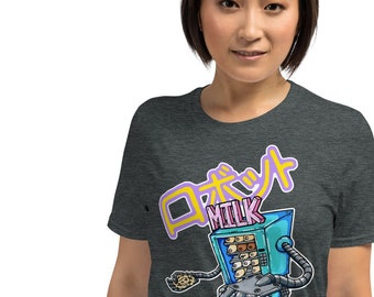 Roboto jiguru miruku ( robot jiggle milk ) - unisex tshirt - posca art, boobs, vending machine, cyberpunk, robot