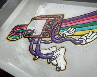 Valet tray - rainbow static TV character - catch all tray - Hand drawn Posca art