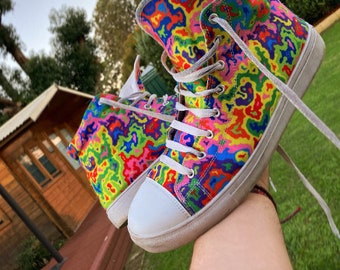 Hypnoflauge, high top, canvas shoes, kicks, custom sneakers, printed, hand sewn