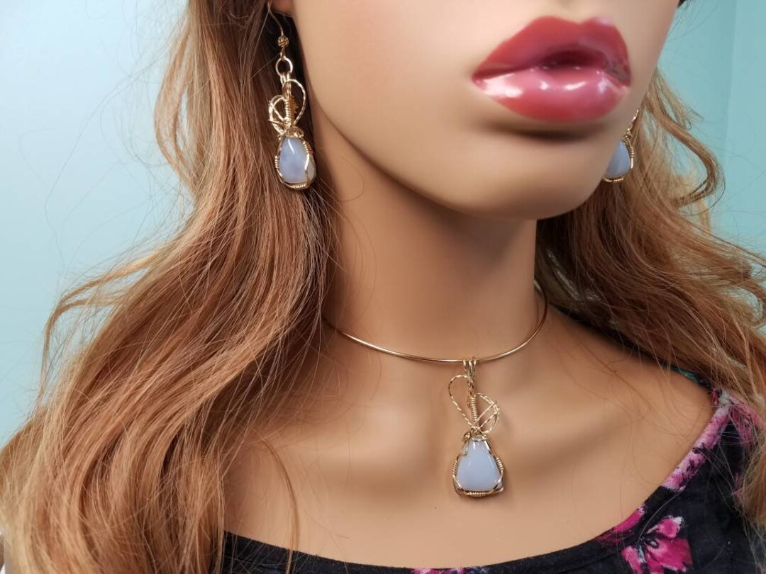 Light Blue Chaldecony Pendant and Earring Set Hand Sculpted