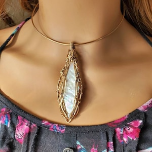 Mother of Pearl Pendant Uniquely Hand sculpted in yellow gold filled wire