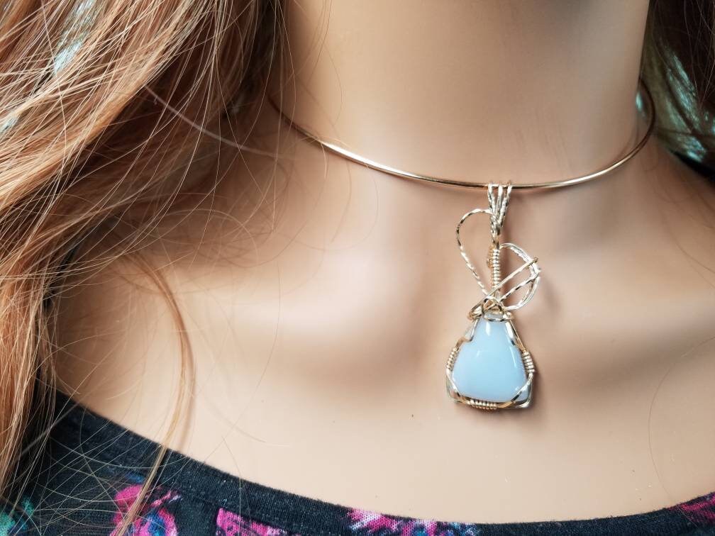 Light Blue Chaldecony Pendant and Earring Set Hand Sculpted