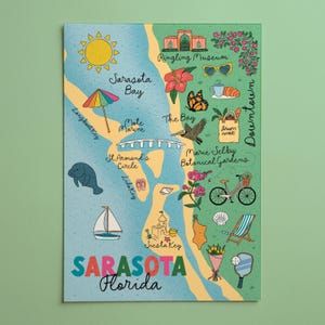 May include: A colorful illustrated map of Sarasota, Florida, featuring landmarks like Ringling Museum, Marie Selby Botanical Gardens, and Siesta Key. The map includes a sun, umbrella, sailboat, manatee, bicycle, and text that reads "Sarasota Florida."