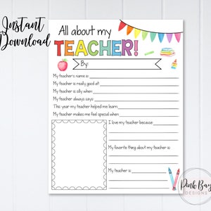 Teacher Appreciation Week Printable, Teacher Survey, Teacher Printable, Teacher Thank You, Teacher Coloring Page, All About My Teacher